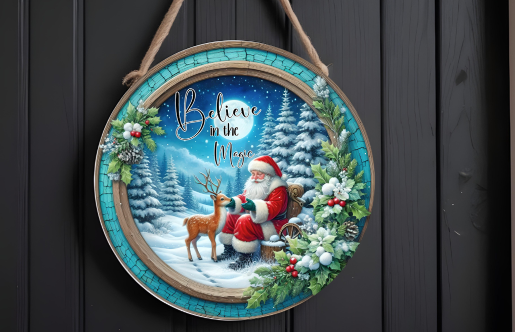 BELIEVE IN MAGIC Santa 12 inch Door Hanger/Wall Hanger